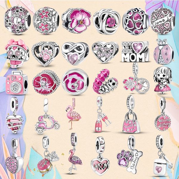 Perle en argent 925 fit Charms Pandora Bracelet à breloques Rose Couleur Charm Flamingo Crâne Sac à main Coeur Fleur charmes ciondoli DIY Fine Perles Bijoux