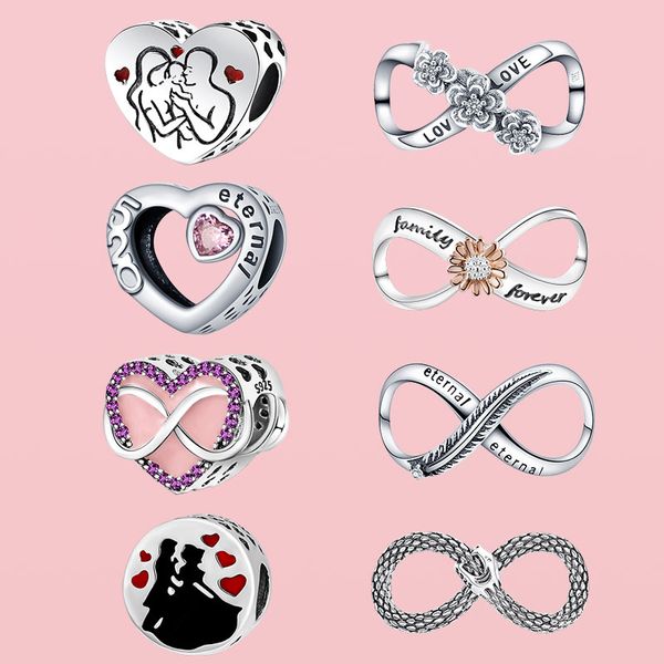 Perle en argent 925 fit Charms Pandora Bracelet à breloques Infinity Love Charms Eternal Heart Family Forever charmes ciondoli DIY Fine Beads Jewelry