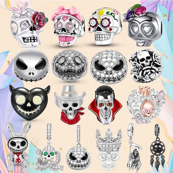 Perle en argent 925 fit Charms Pandora Bracelet à breloques Halloween Crâne Charme Squelette Dark Evil Horror charmes ciondoli DIY Fine Beads Jewelry