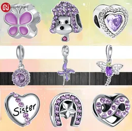 925 perles en argent breloques fit pandora charme New Purple Zircon Pinwheel Butterfly Heart Dog Shiny charm set