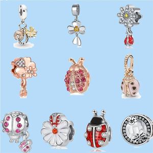 925 perles en argent breloques fit pandora charme Dangle rouge chanceux coccinelle trèfle fleur perle