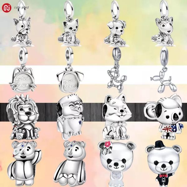 925 perles en argent breloques adaptées au bracelet à breloques pandora mignon animal de compagnie chat chien pendentif chiot ours Lion Koala ensemble de breloques