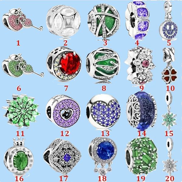 925 plateado Charms Fit Pandora Charm Corona verde Corona de nieve Glass Bead Cat Clover