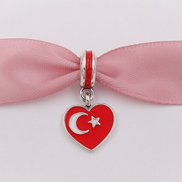 Andy Jewel 925 Cuentas de plata Bandera de corazón de Turquía Esmalte blanco rojo Se adapta al collar de pulseras de estilo Pandora europeo para la fabricación de joyas 791552ENMX