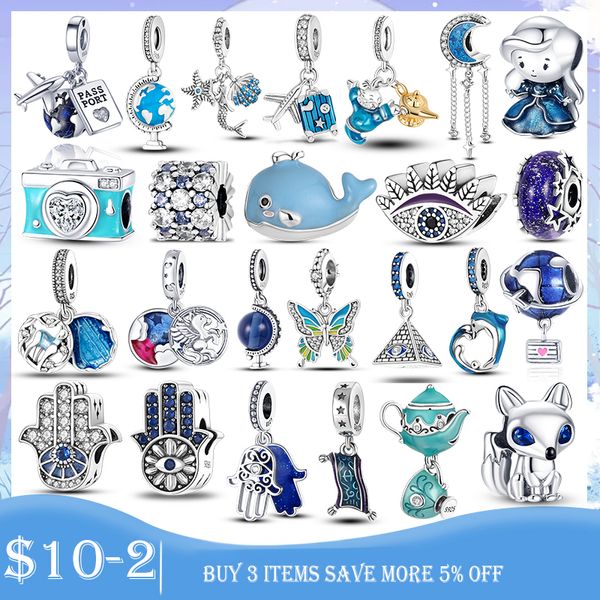 925 Silver Charm Bead Fit Pandora Charms Bracelet Couleur Fox Owl Earth Globe Blue Clip Charmes Ciondoli DIY BIELLES