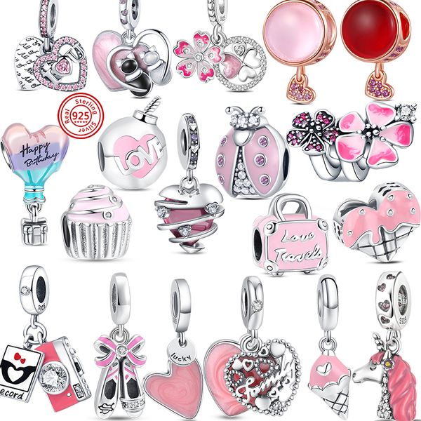 Cuenta de abalorio de plata 925 compatible con pulsera de abalorios Pandora rosa corazón infinito copa de vino flor charmes ciondoli DIY cuentas finas joyería