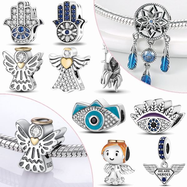 Cuentas de plata 925 que cuelgan alas de Ángel, plumas, cuentas de ojo del diablo, compatibles con pulseras Pandora, accesorios de joyería DIY