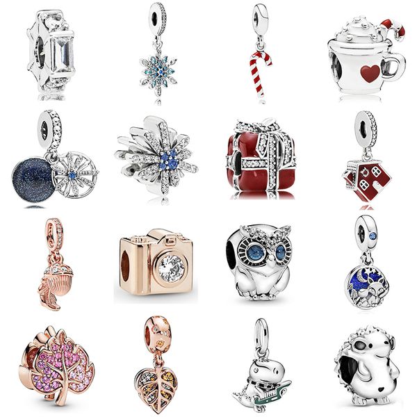 Cuentas colgantes de plata 925 para otoño e invierno, Animal de Navidad, rosa, cámara roja, búho, compatible con pulsera Pandora, accesorios de joyería DIY