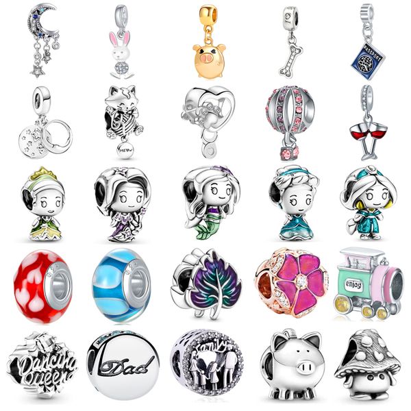 925 Argent Charme Perles Dangle mignon lapin blanc couleur érable champignon cochon Perle Fit Pandora Charms Bracelet DIY Bijoux Accessoires