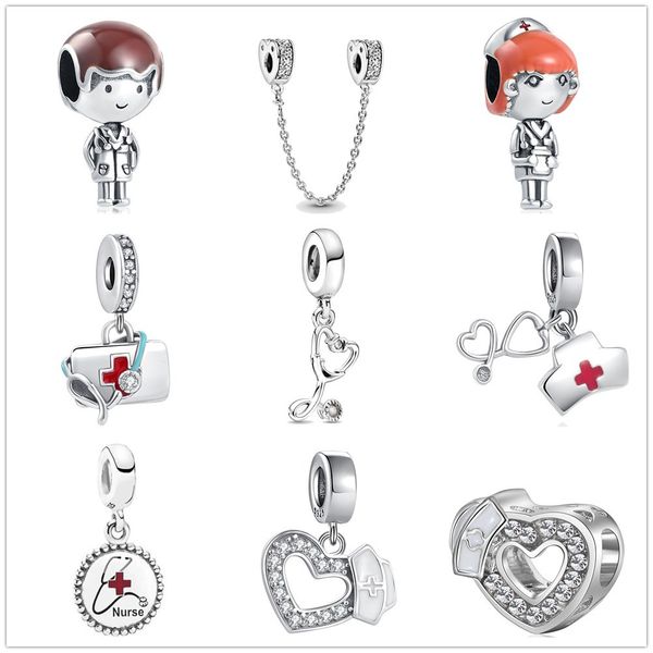 925 Argent Charme Perles Dangle Médecins et infirmières Amour stéthoscope Perle Fit Pandora Charms Bracelet DIY Bijoux Accessoires