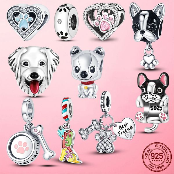 925 Silver Charm Beads Dangle Dog Collection Charms Golden Retriever Hueso Huella Doggy Bead Fit Pandora Charms Pulsera DIY Accesorios de joyería