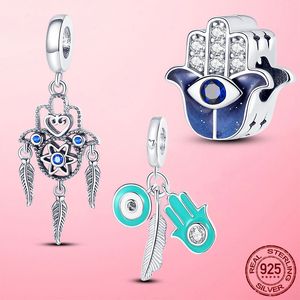 Cuentas de abalorios de plata 925, cuentas de ojo colgantes, cuentas de plumas de mano de Hamsa Fátima, compatibles con abalorios Pandora, pulsera, accesorios de joyería DIY