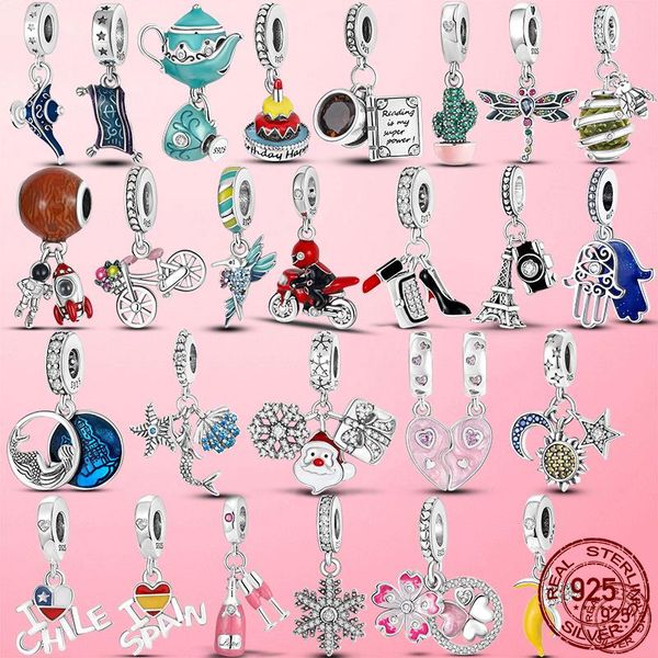 925 Silber Charm-Perlen, baumelnder Stammbaum, Herz-Fußabdruck, Reise-Perlen, passend für Pandora-Charm-Armbänder, DIY-Schmuckzubehör