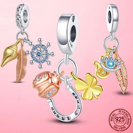 Cuentas de plata 925 colgantes con forma de trébol de herradura, cuentas de mano de Hamsa compatibles con pulseras Pandora, accesorios de joyería DIY