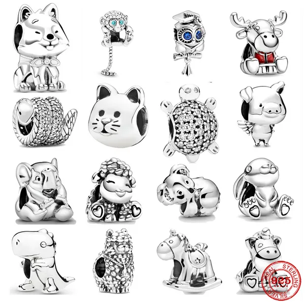 925 Granos del encanto de plata Cuelgan Koala Bruno el Unicornio Conejo Perro Gato Cerdo Fluffy Llama Beads Fit Pandora Charms Pulsera DIY Accesorios de joyería