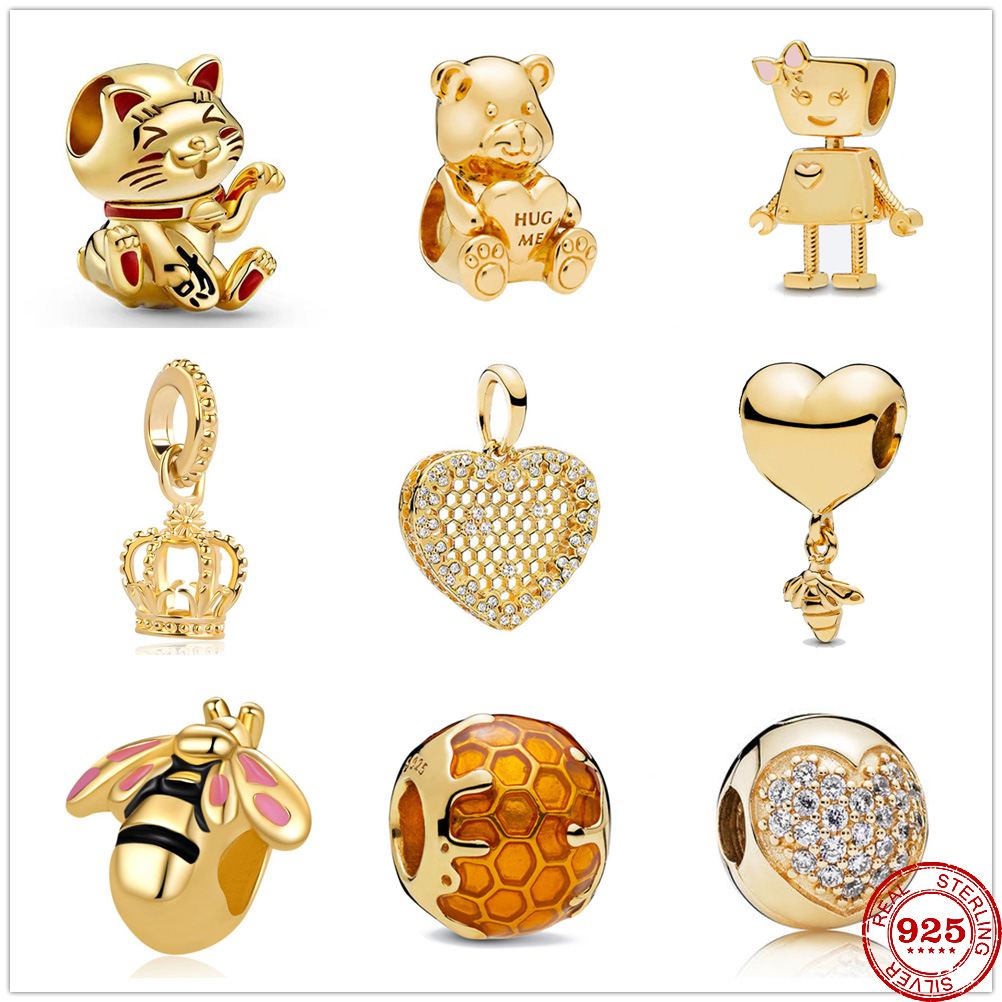 Charm-Perlen aus 925er-Silber, baumelnde Glückskatze und Biene, feine Perle, passend für Pandora-Charm-Armbänder, DIY-Schmuckzubehör
