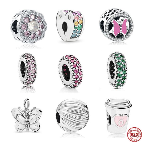 925 Granos del encanto de plata cuelgan Nueva copa europea mariposa rosa rojo rosa espaciador clip diy Bead Fit Pandora Charms Pulsera DIY Accesorios de joyería