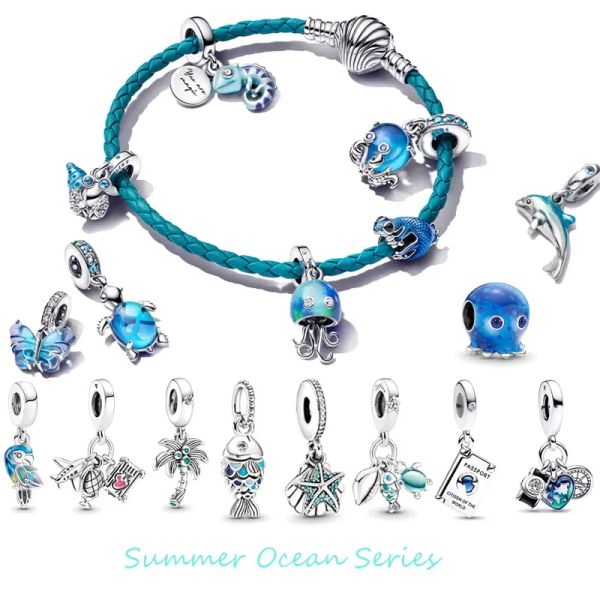 925 Silver Charm Fish, Sea Turtle Conch Triple Slempe Charme Geille de méduses Fit Bracelet Original Bijoux BIEUX BIEUX DIY