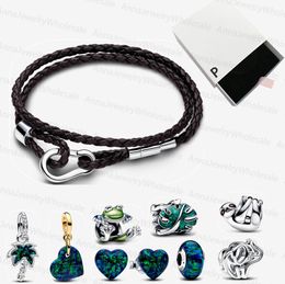 925 Bracelets de créateurs en argent pour les femmes grimpant grenouille charme pandoras moments braceurs bracelet en cuir double bracelet en cuir vert coeur vert oreilles bijoux de luxe