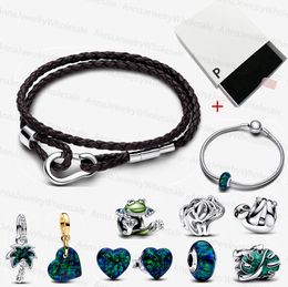 925 Bracelets de créateurs en argent pour les femmes grimpant grenouille pandoras moments braceurs bracelet en cuir double en cuir vert