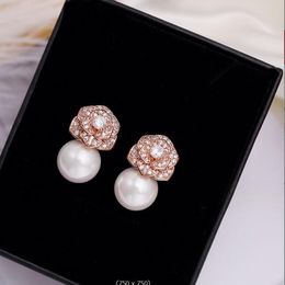 Boucles d'oreilles en argent 925, diamant et Zircon, fleur de Camillia, perles, pour femmes et filles, Super scintillantes, bijoux en cristal de luxe