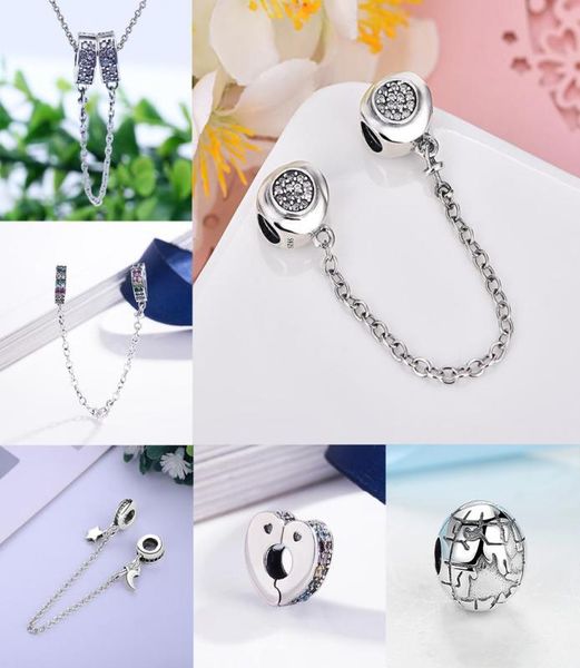 925 Silver Fit Charm 925 Bracelet Éblouissant élégance Fil de sécurité Chaîne Clip de chaîne Set Pendant Diy Fine Perles Jewelry5122104