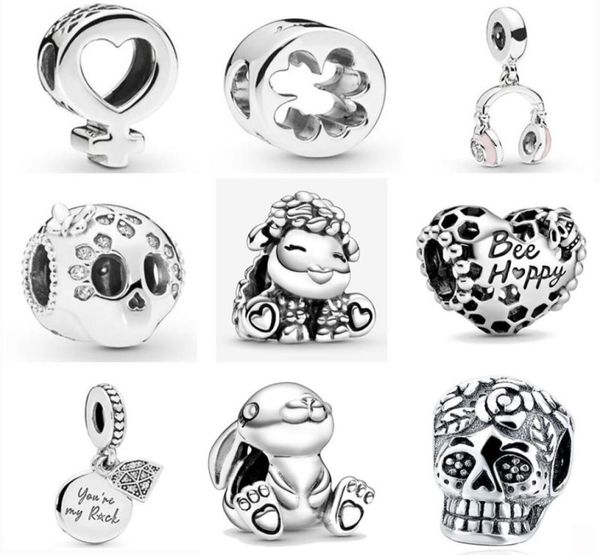 925 Silver Fit Charm 925 Bracelet Rabbit Soyez heureux de mouton Skull Clover Charms Set Pendant Diy Fine Perles Bijoux 6555007