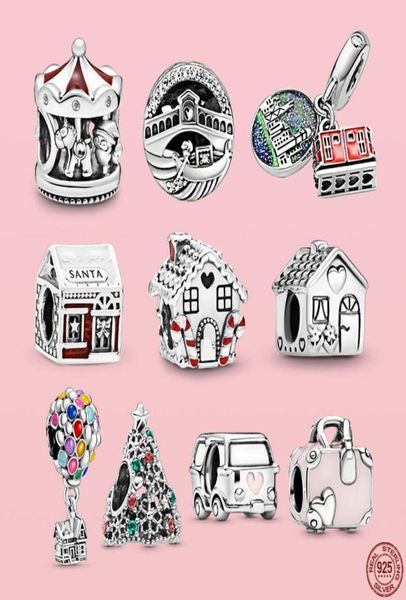 925 Silver Fit Charm 925 Bracelet Sparkling House Suitcase Car Charms Set Pendant Diy Fine Perles Jewelry9445646