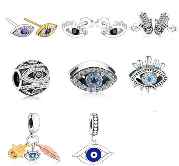 925 Silver Fit P Charm 925 Bracelet Bracelet Collier 925 Sterling Silver Tronc Turquie Bleu Mauvais Oeil Zircone Perle charms ensemble Pendentif DIY Perles Fines Bijoux1210897