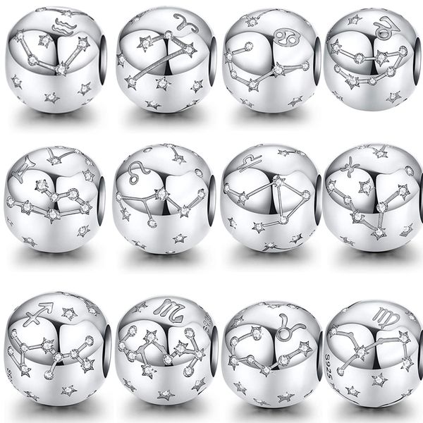 925 Silver Fit Pandora Charm 12 Constellations, 12 Signes du Zodiaque, Perles Circulaires Dangle Fashion Charms Set Pendentif DIY Fine Beads Jewelry