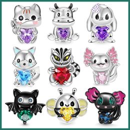 925 Silver Fit Pandora Charm 3D Cat, Newt, Arctic Fox, Heart Hugging Series Beaded Cute Cartoon Animals Bead Dange mode charmes set hanger diy fine kralen sieraden