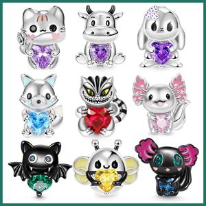 925 Silver Fit Pandora Charm 3D Chat, Newt, Arctic Fox, Heart Hugging Series Beaded Cute Cartoon Animals Bead Dangle Fashion Charms Set Pendentif DIY Fine Beads Jewelry