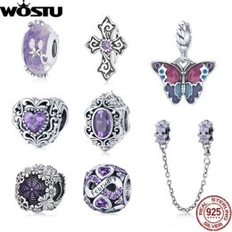 925 Plata Fit Pandora Charm 925 Pulsera Dreamy Purple Heart Charms Cadena de seguridad Space Beads charms set Colgante DIY Fine Beads Jewelry