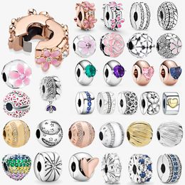 925 Silver Fit Pandora Charm 925 Pulsera Sparkling Heart Clip posicional charms set Colgante DIY Fine Beads Jewelry