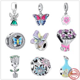 925 Argent Fit Pandora Charme 925 Bracelet Fleurs Papillon Perles Dangle ensemble de breloques Pendentif DIY Fine Perles Bijoux