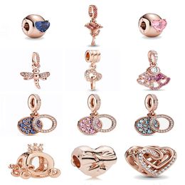 925 Silver Fit Pandora Charm 925 Pulsera New Rose Gold Pink Blue Heart Solitaire Clip Dragonfly charms set Colgante DIY Fine Beads Jewelry
