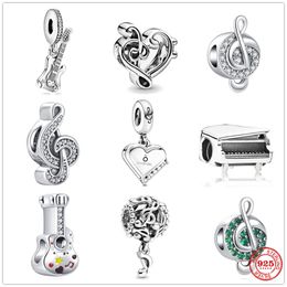 925 Silver Fit Pandora Charm 925 Bracelet Music Notes Electric Guitar Piano Heart Dangle charms set Pendant DIY Fine Beads Jewelry