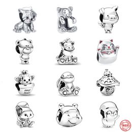 925 Argent Fit Pandora Charme 925 Bracelet Tigre Écureuil Ours Pendentif Dangle ensemble de breloques Pendentif DIY Fine Perles Bijoux