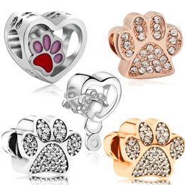 925 Silver Fit Pandora Charm 925 Pulsera Dog paw print charms love charms set Colgante DIY Fine Beads Jewelry