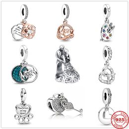 925 Argent Fit Pandora Charm 925 Bracelet amour famille empreintes de pattes dans mon coeur partenaire de danse maman balancent perles charmes ensemble pendentif bricolage perles fines bijoux