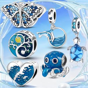 925 Silver Fit Pandora Charm 925 Pulsera Blue Sea Butterfly Whale CZ Charm charms set Colgante DIY Fine Beads Jewelry