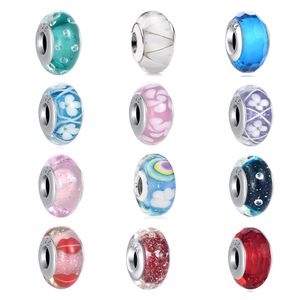 925 Silver Fit Pandora Charm 925 Bracelet Perles de Verre de Murano Bleu Rouge Rose Vert Violet Blanc Charms Ensemble Pendentif DIY Perles Fines Bijoux