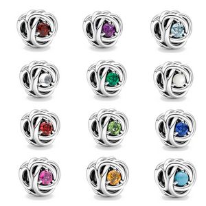 925 Silver Fit Pandora Charm 925 Bracelet Douze mois Birthstone Eternity Circle Charms Set Pendant Diy Fine Perles Bijoux