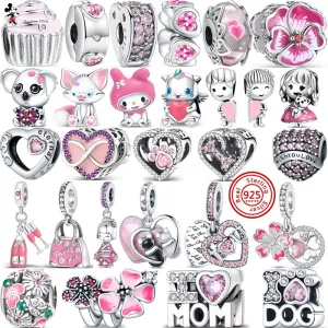 925 Silver Fit Pandora Charm 925 Bracelet Pink Series Flowers Butterfly Paw Print Heart Mom Forever Love Charms For Pandora Charm 925 Silver Beads Charms