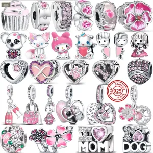 925 Silver Fit Pandora Charm 925 Bracelet Pink Series Flower Butterfly Paw Print Heart Mom Forever Love charms Pour bijoux charms pandora 925 charm perles accessoires