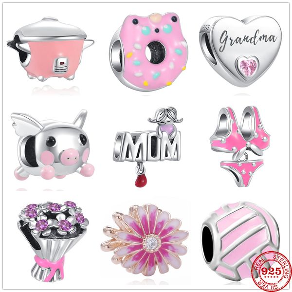 925 Silver Fit Pandora Charm 925 Pulsera Pink Rice Cooker Grandma Donut Flowers Mom Bikini Beads charms set Colgante DIY Fine Beads Jewelry