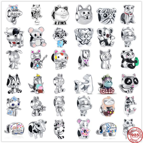 925 Plata Fit Pandora Charm 925 Pulsera Lindo Gato Cerdo Perro Oso Ganado Conejo Unicornio Elefante DIY encantos conjunto Colgante DIY Joyería de cuentas finas