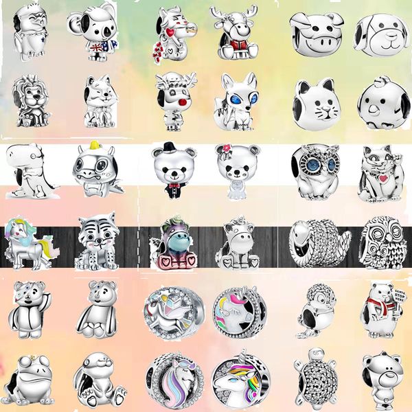 925 Argent Fit Pandora Charm 925 Bracelet Elk Lion Koala Pygargue à tête blanche Chien Licorne Grenouille Animal Classique Perles ensemble de charmes Pendentif DIY Fine Perles Bijoux