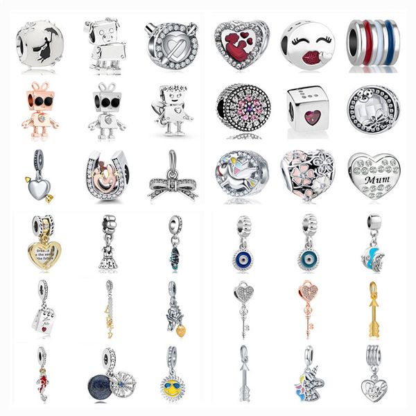 925 Silver Fit Pandora Charm 925 Pulsera 1 pieza flecha de cupido amor guión notas de amor dados mamá bot arco corazón encantos conjunto Colgante DIY Granos finos Joyería