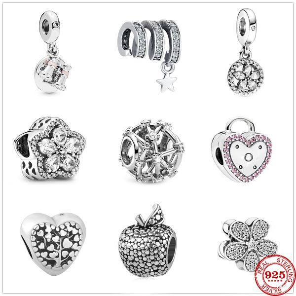 925 Silver Fit Pandora Charm 925 Pulsera Flores brillantes Bloqueo Apple Fine Beads charms set Colgante DIY Fine Beads Jewelry